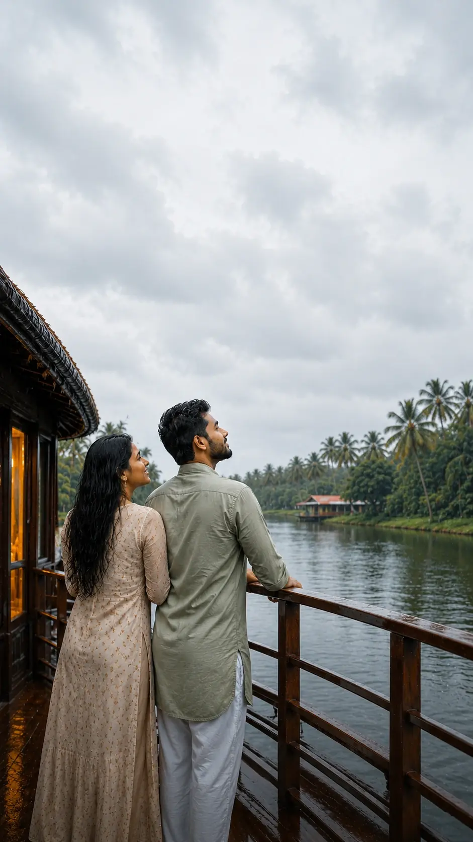 Couple enjoying a monsoon backwater view from a Kerala houseboat deck