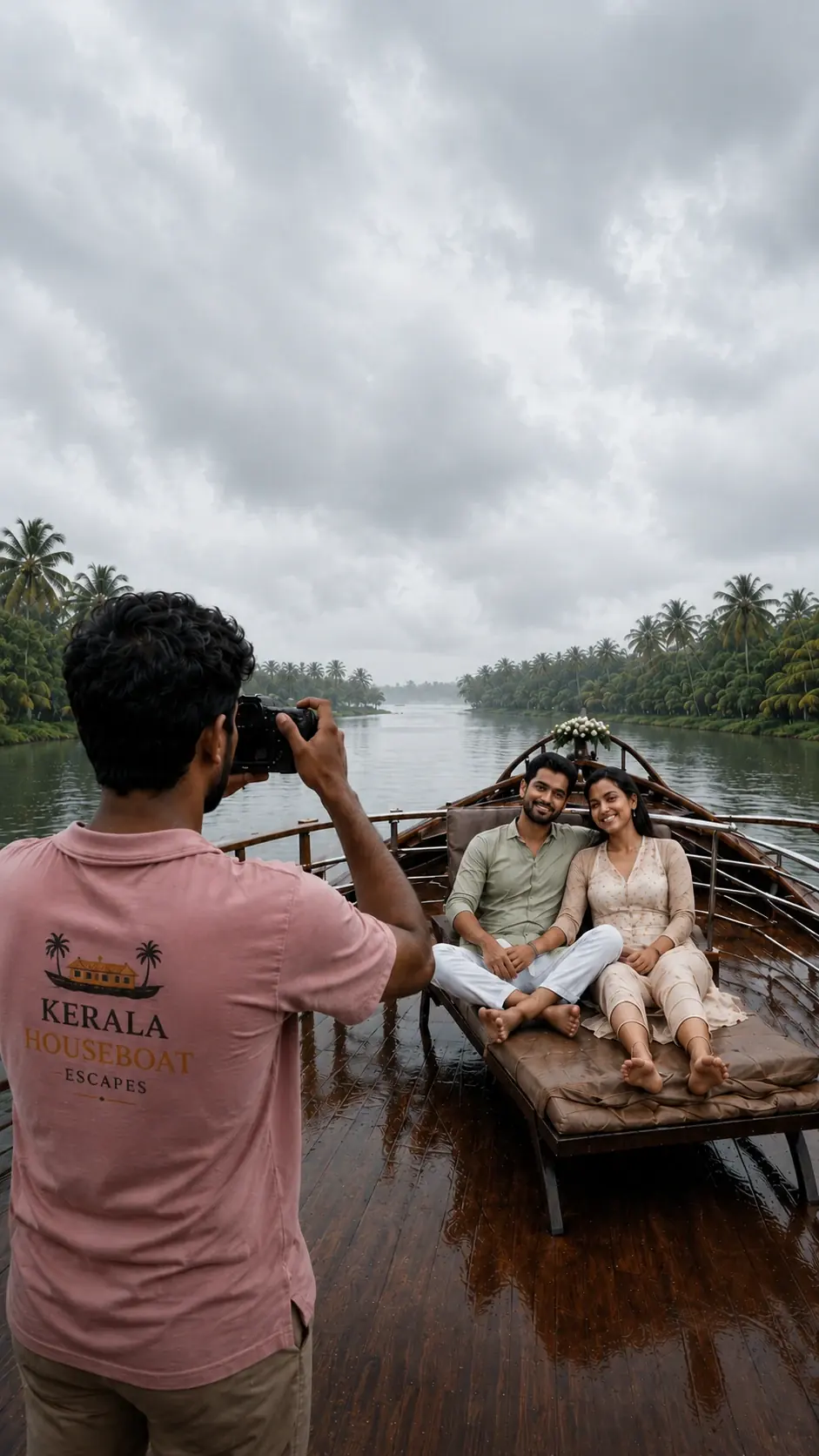 Kerala houseboat couple photo session on the front deck