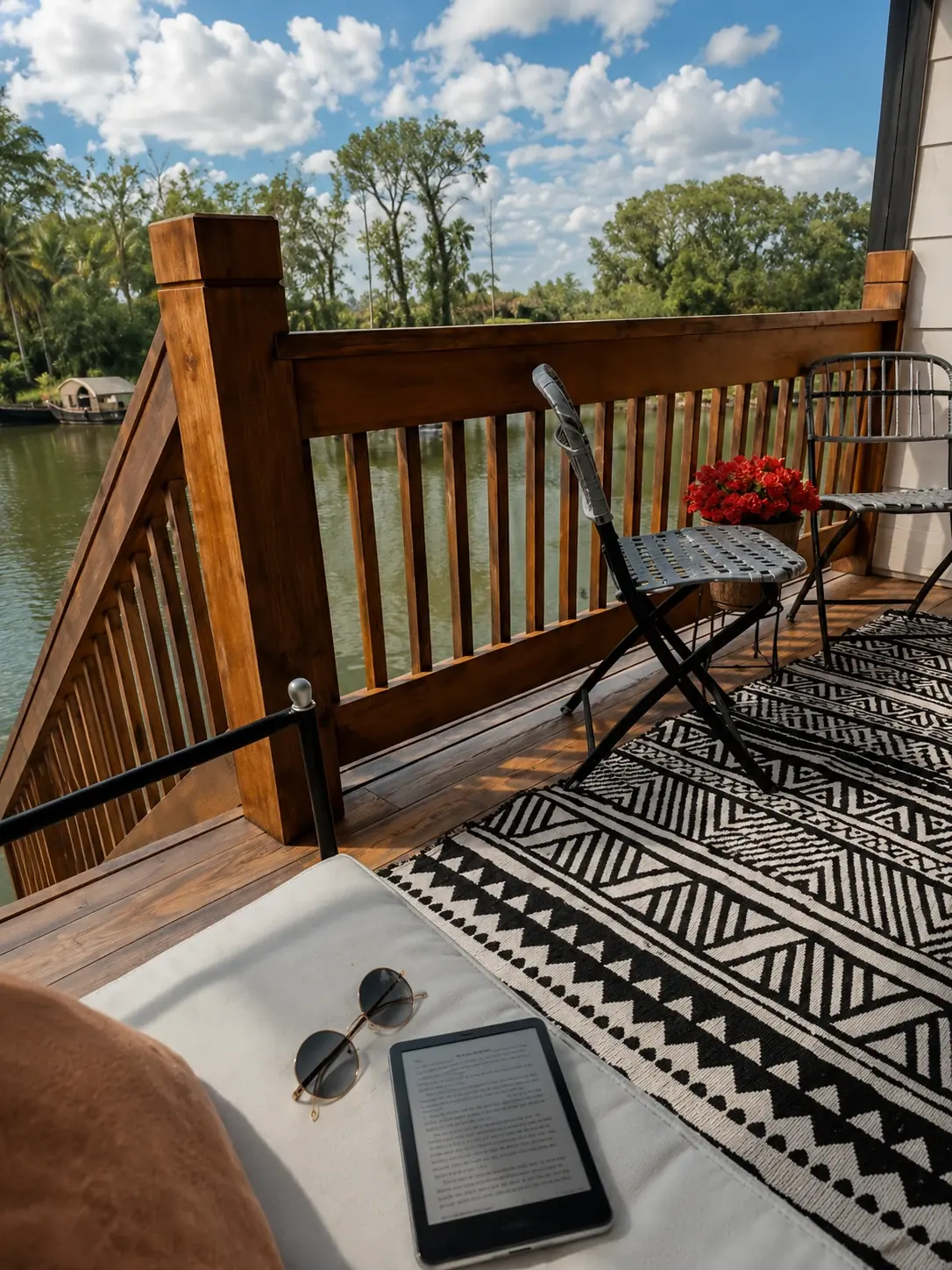 Luxury houseboat balcony reading experience in Kerala backwaters