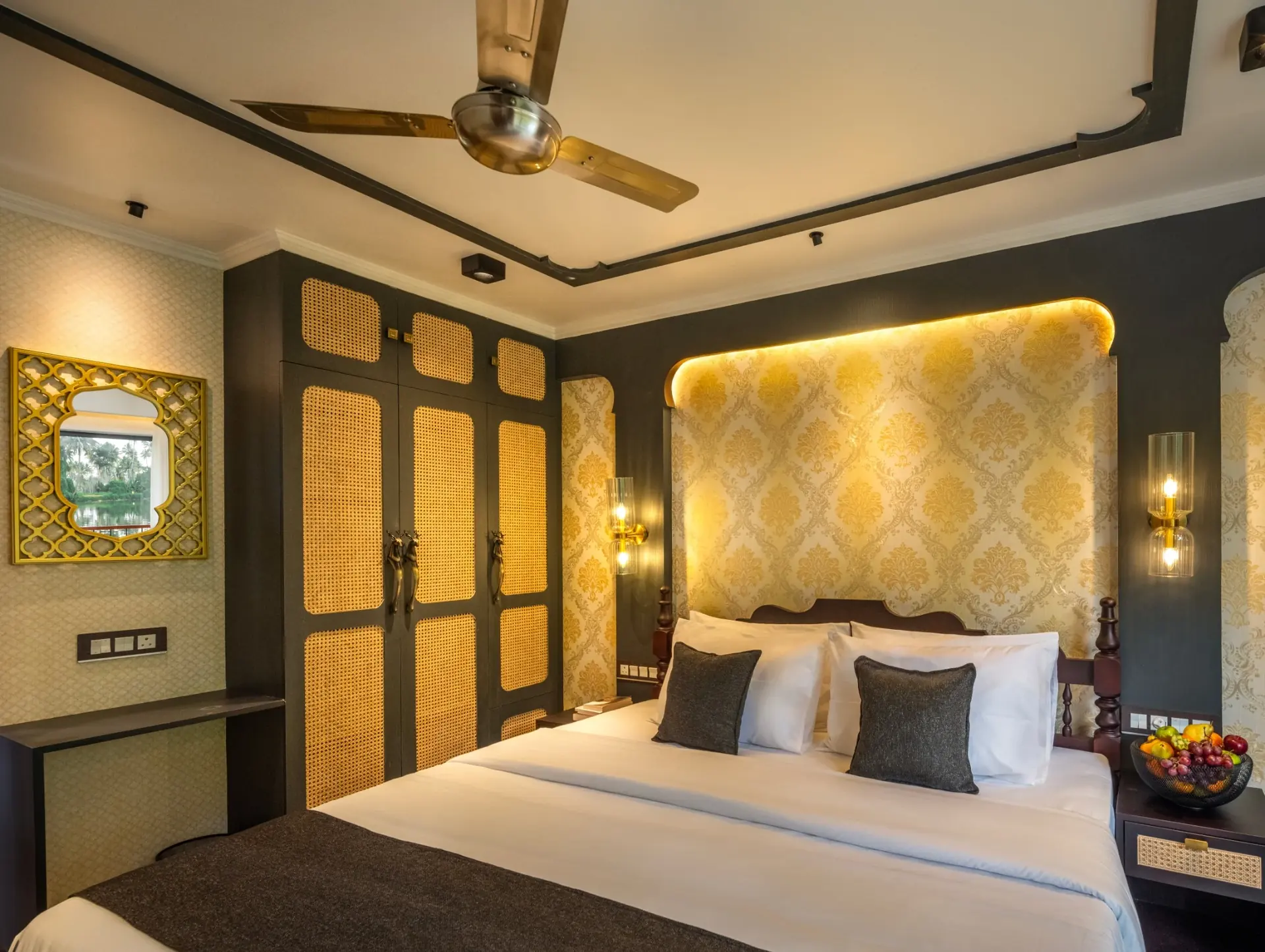 Luxury houseboat bedroom suite with dark wood interiors